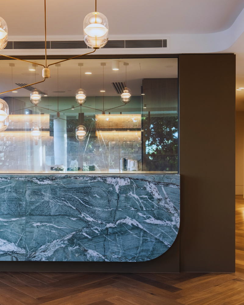 Switchable privacy glass in a living area turned on