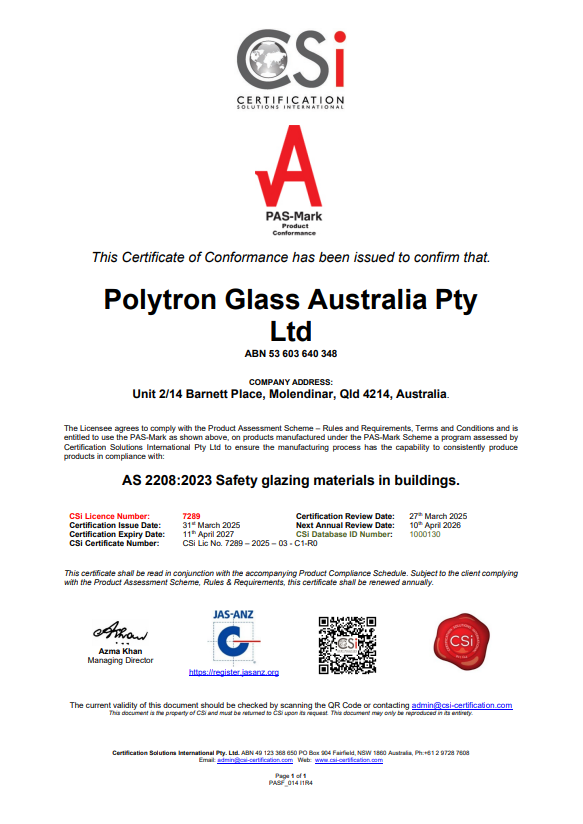 CSI Polytron Glass Australia Certificate of conformance AS2208:2023 Safety glazing materials in building