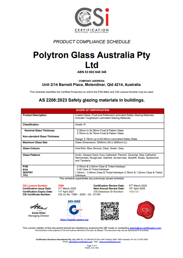 CSI Polytron Glass Australia Product complinace schedule AS2208:2023 Safety glazing materials in building