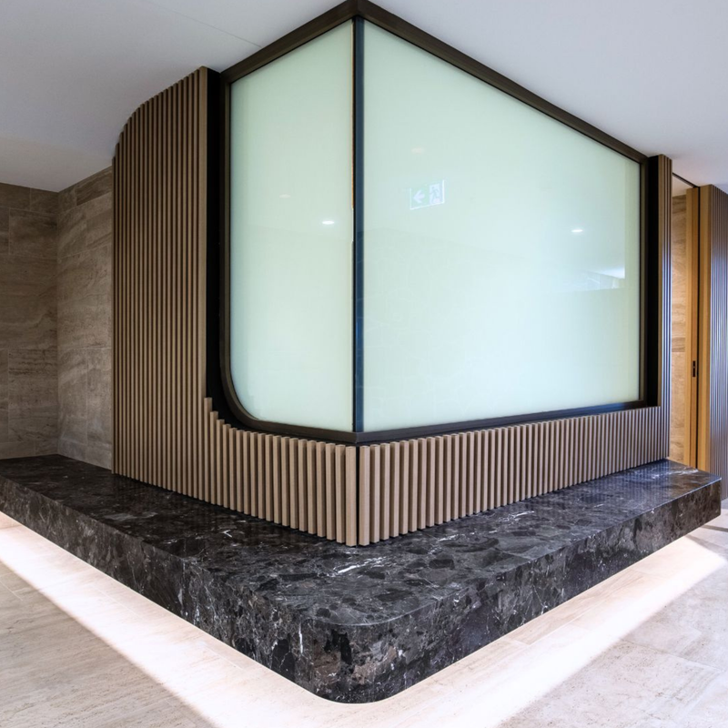 Switch Glass in a residential sauna turened off and frosted with smart glass technology.