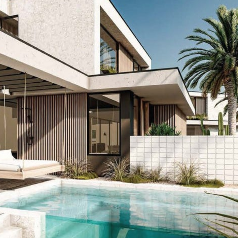 Laminated glass pool window overlooking fire pit area