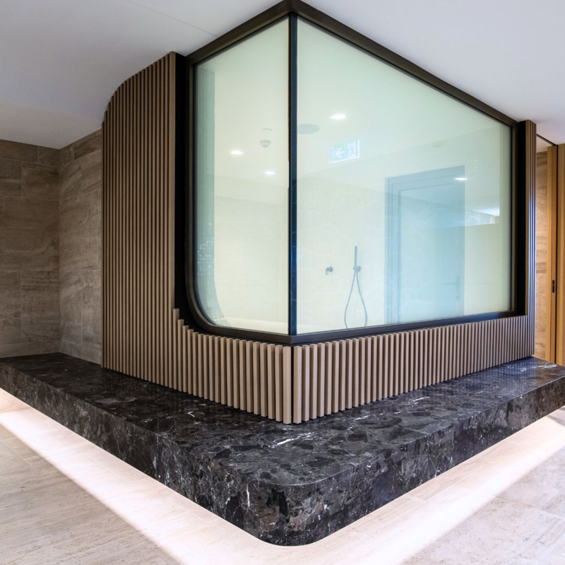 Switchable glass double glazed in a sauna in a residential sauna. Smart glass technology