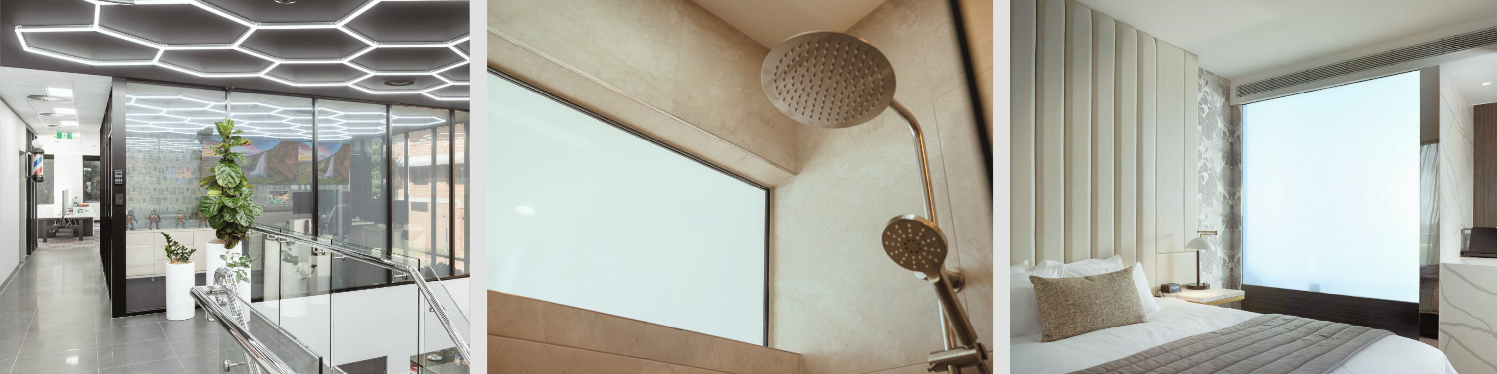 Privacy glass installed within office spaces, bathrooms and bedrooms.