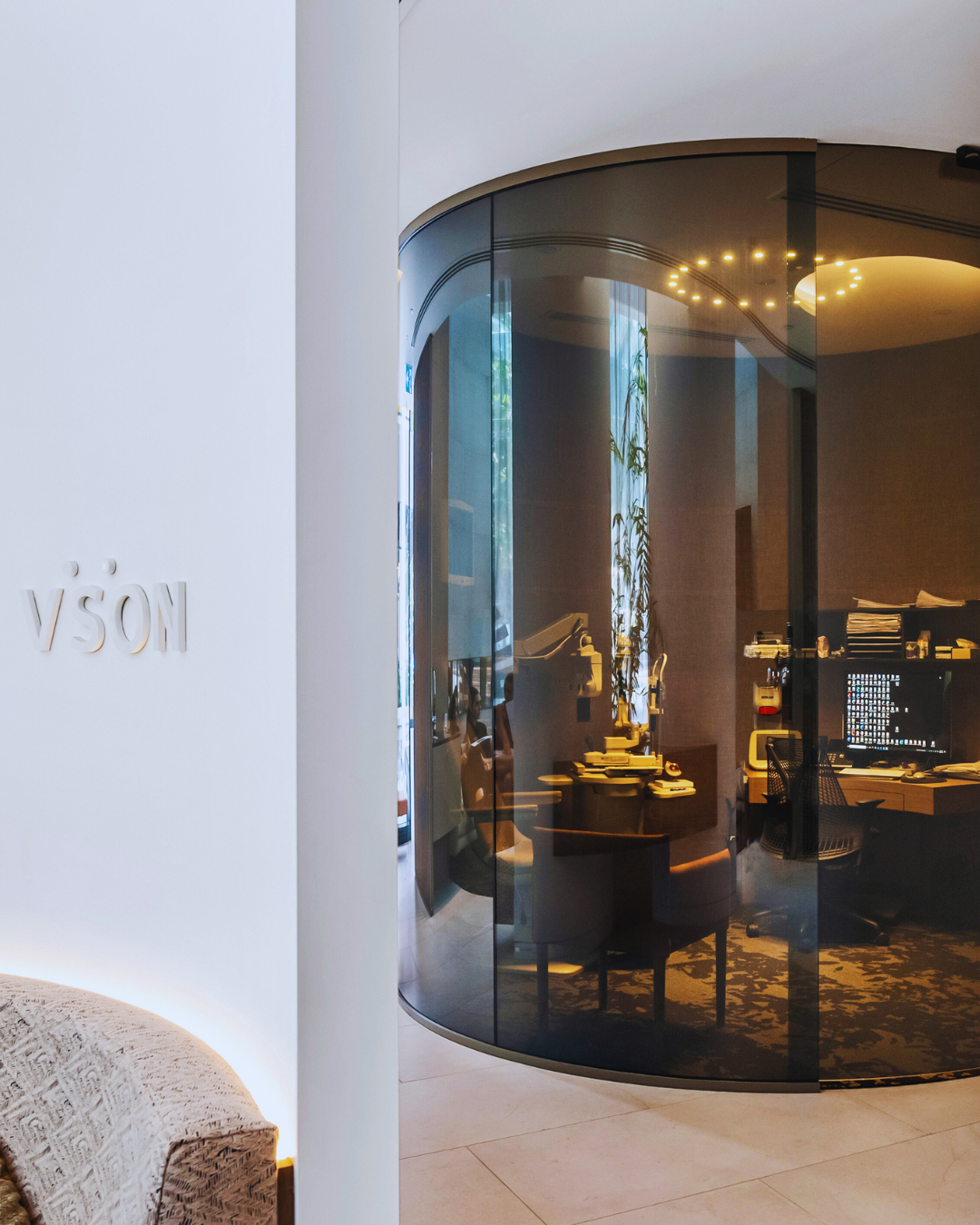 Curved switch glass turned on in a consultation room.