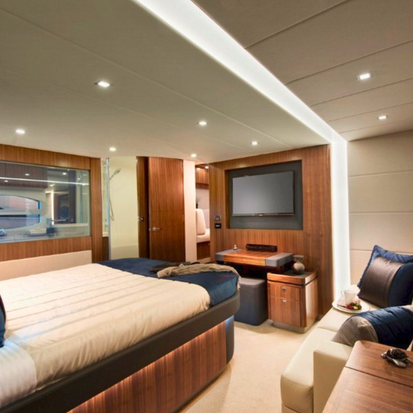 Grey switchable glass panel installed by PTG Commercial, blending functional smart privacy glass with premium superyacht interior aesthetics.